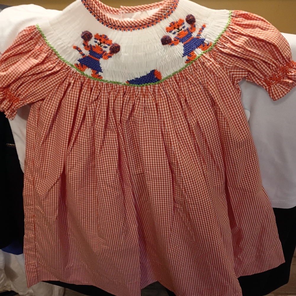 Size 6 Mos....SMOCKED CHEERLEADER DRESS..Orange and Blue.